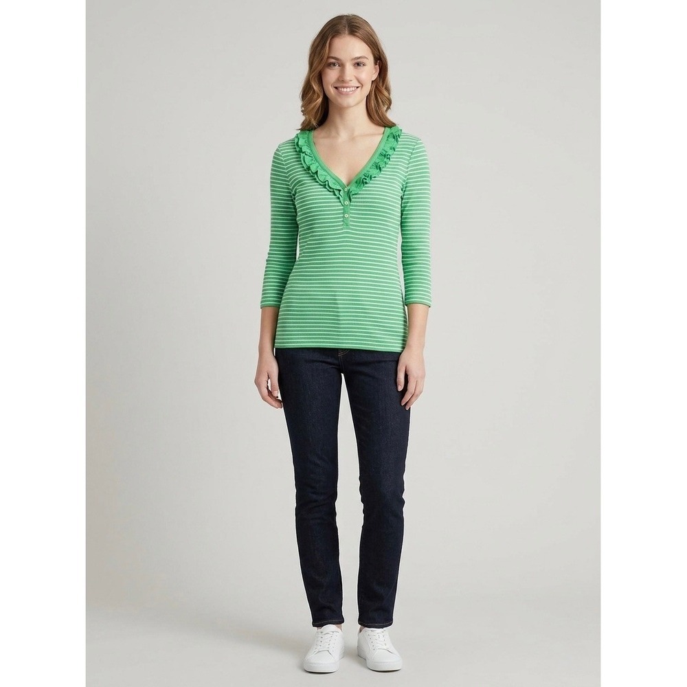 Lauren Ralph Lauren Green Striped Ruffle V-Neck 3/4 Sleeve Cotton Top Small